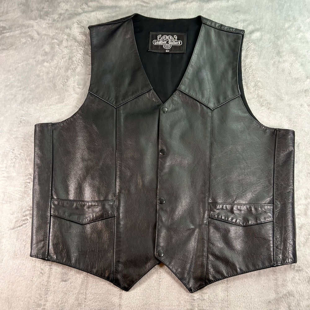 Leather Gallery Black Leather Biker Vest Mens 50 Snap Front Western Motorcycle